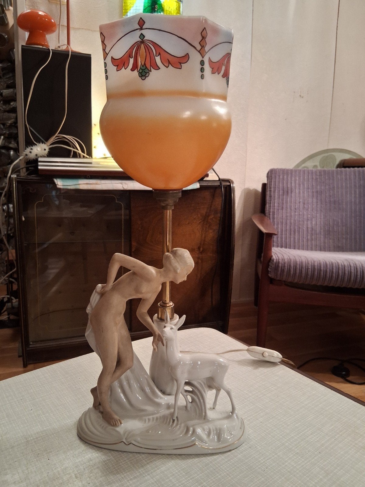 art deco schemerlamp..., Glas, Gebruikt, Oranje, Met kap