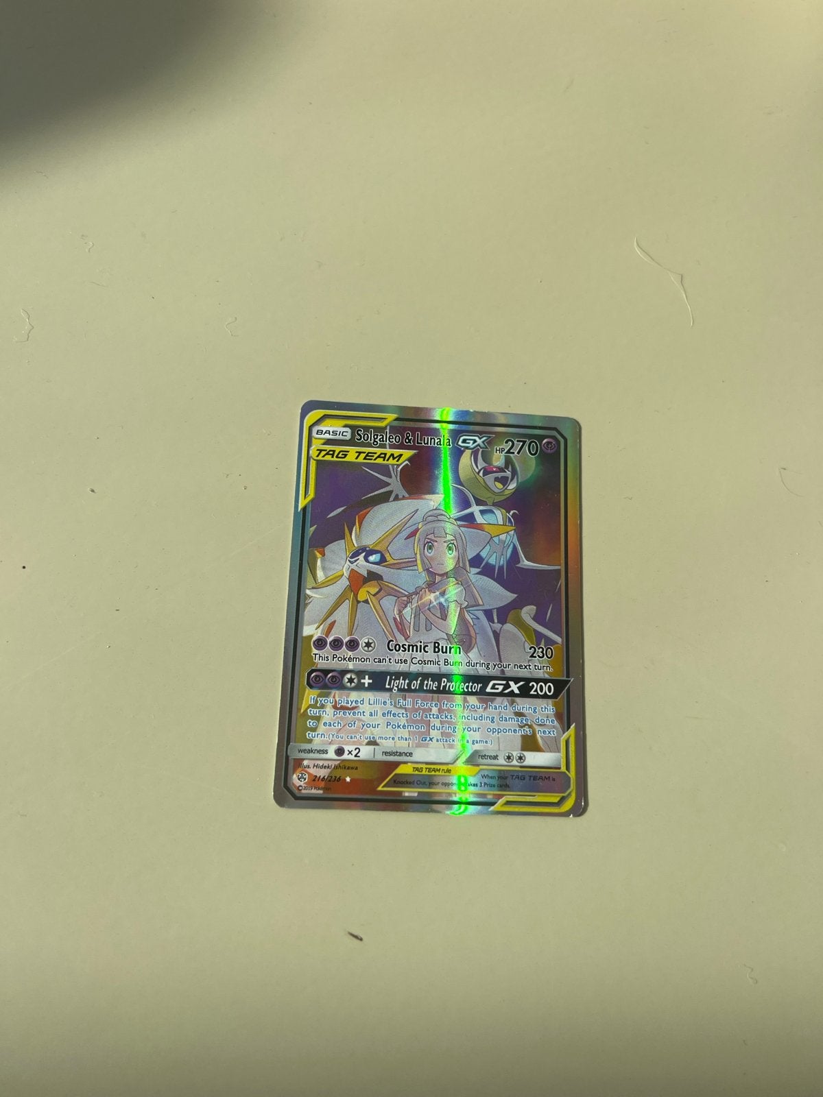 Solgaleo & Lunala GX 270 TAG TEAM Pokémon Kaart, Hobby en Vrije tijd, Ophalen, Zo goed als nieuw, Losse kaart, Foil