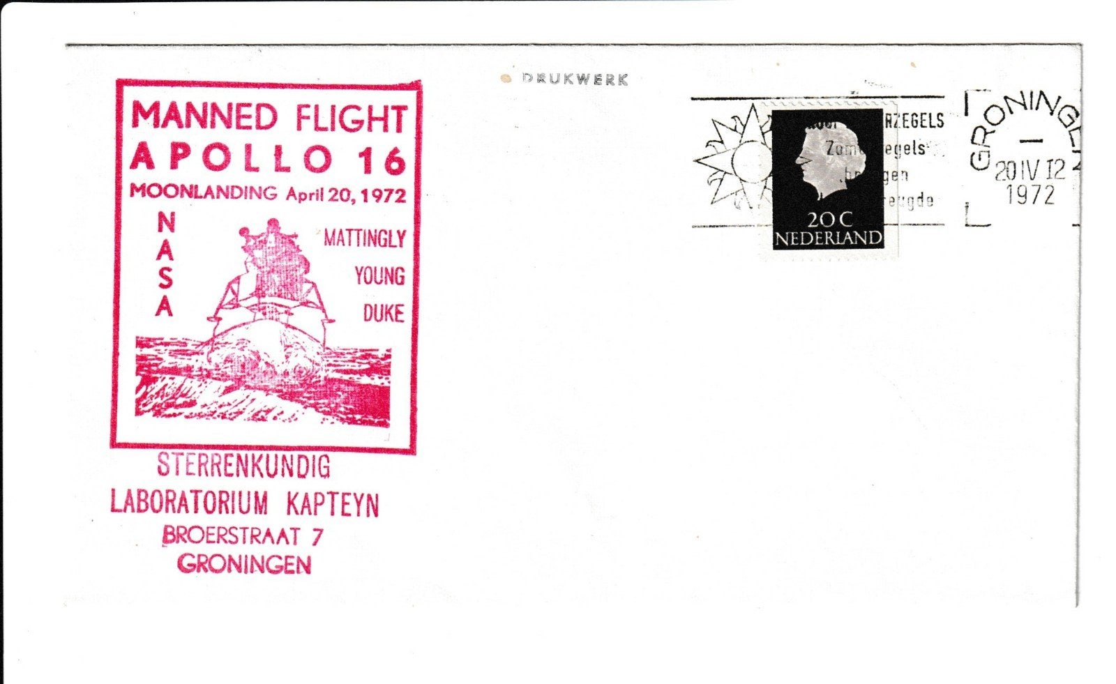 1972 Envelop Apollo 16 maanlanding 20 april 1972, Ophalen of Verzenden, Envelop
