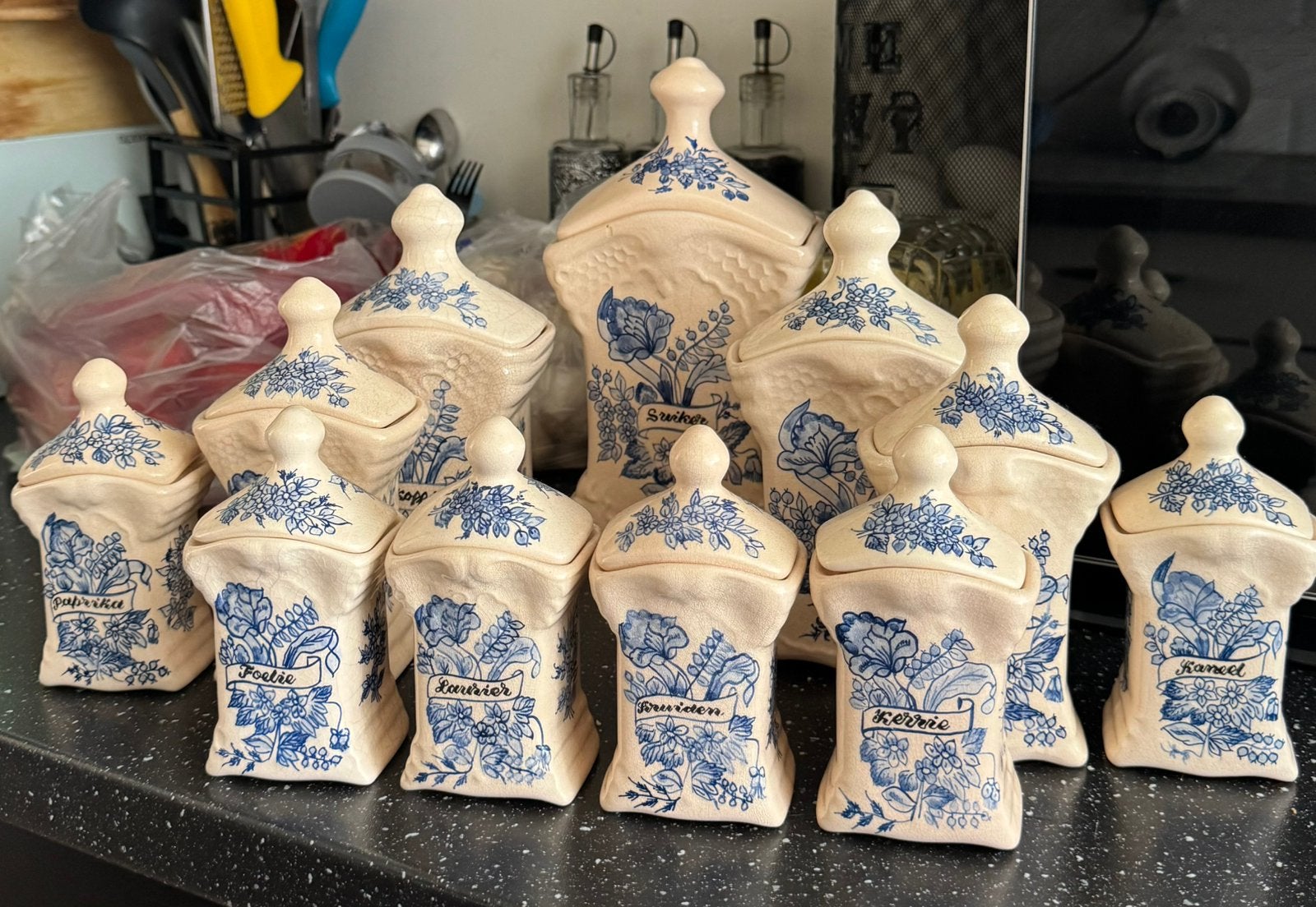 Vintage voorraadpotten set – blauw/wit aardewerk – keukenset, Ophalen