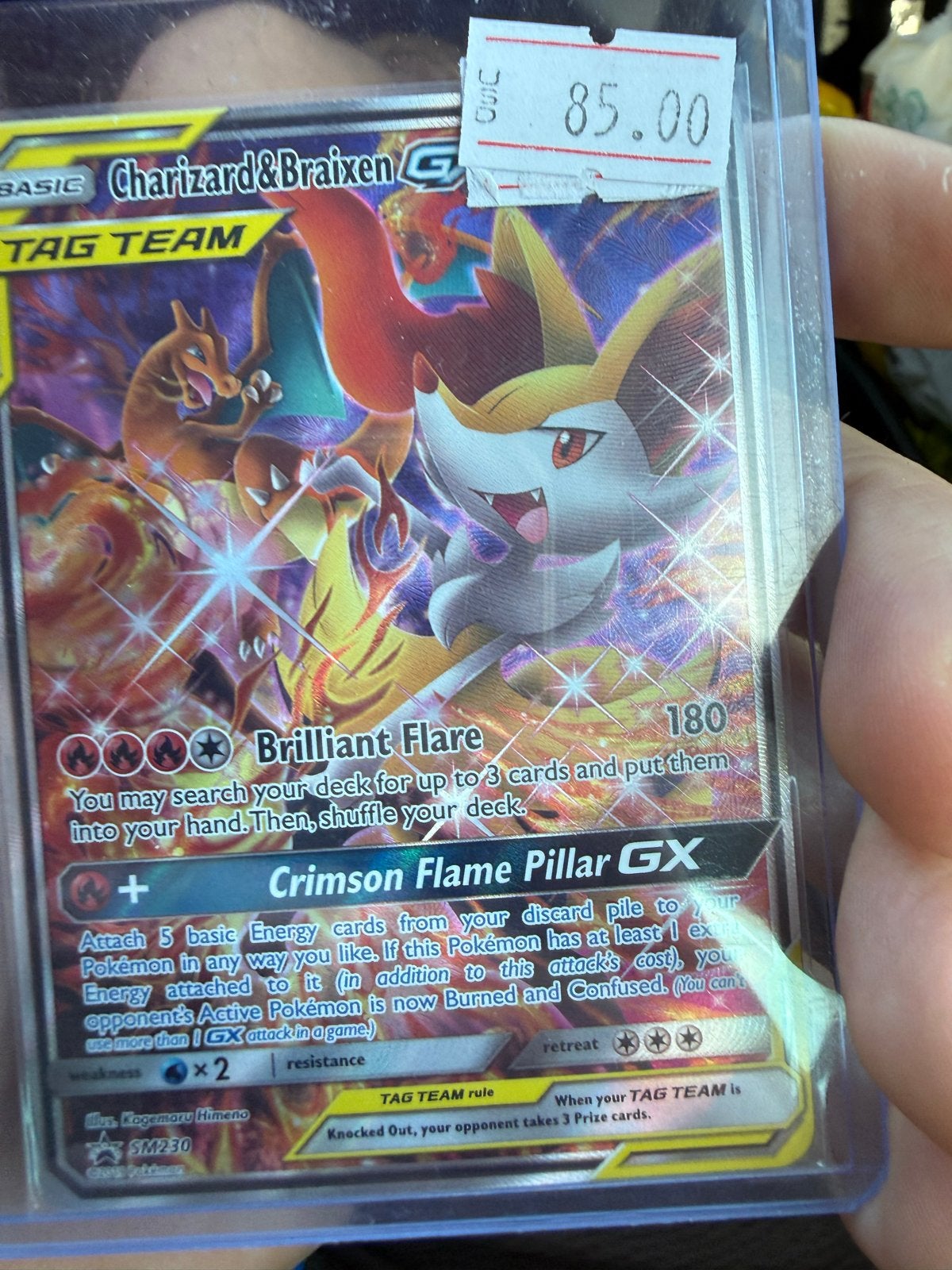 Pokémon Kaart: Charizard & Braixen GX TAG TEAM SM230 Foil, Ophalen of Verzenden, Zo goed als nieuw, Losse kaart, Foil