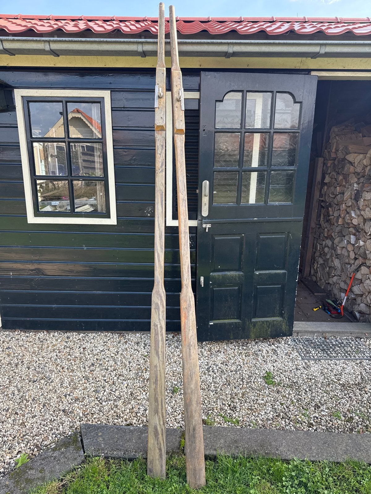 Mooie oerdegelijke roeispanen 250 cm met RVS ogen, Ophalen, Zo goed als nieuw