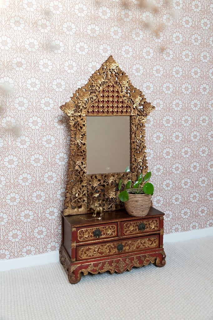 Antiek zeldzaam vintage houtsnijwerk kaptafel Indonesië, Antiek en Kunst, Handgemaakt, Art nouveau, 50 - 100 cm, Flora