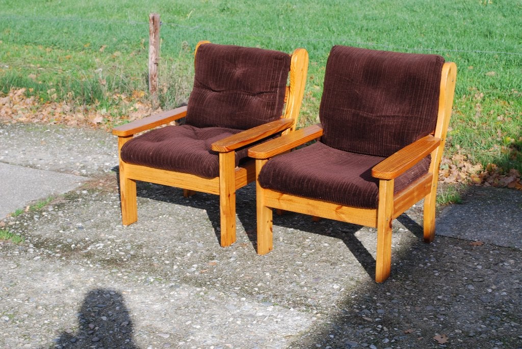 Grenen Fauteuils met bruine ribstof jaren '80, Huis en Inrichting, Fauteuils, Ophalen, Gebruikt, 75 tot 100 cm, Stof