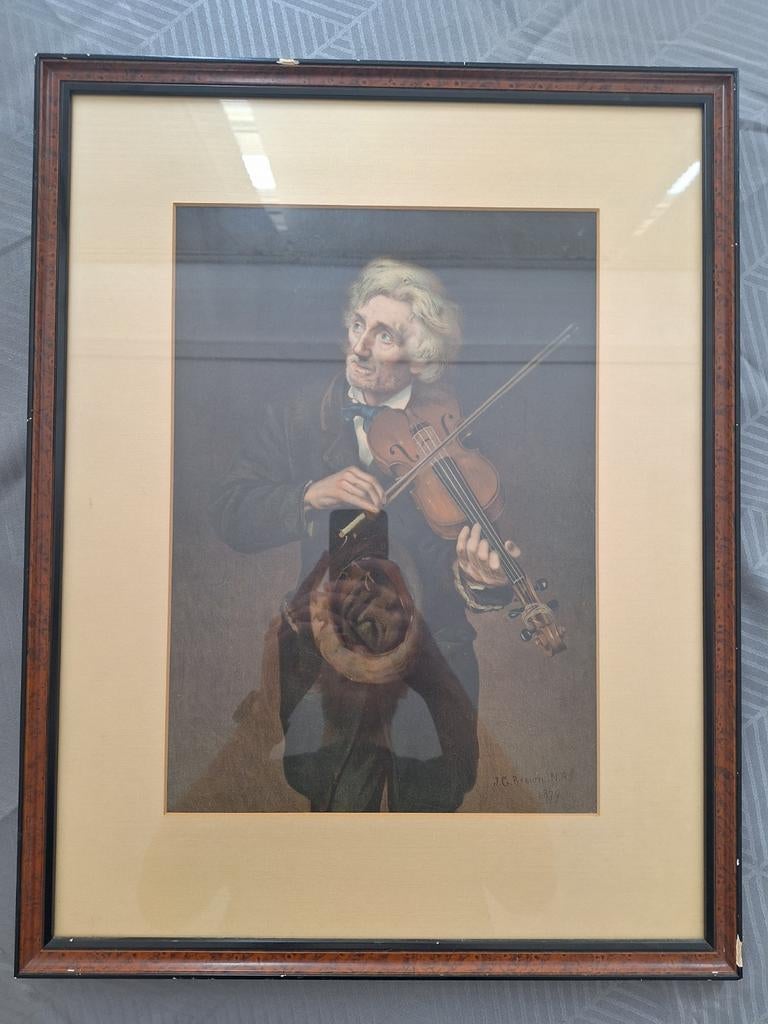 Chromolithografie J.G. Brown - Oude Violist (1917), Antiek en Kunst, Kunst | Schilderijen | Klassiek, Ophalen of Verzenden