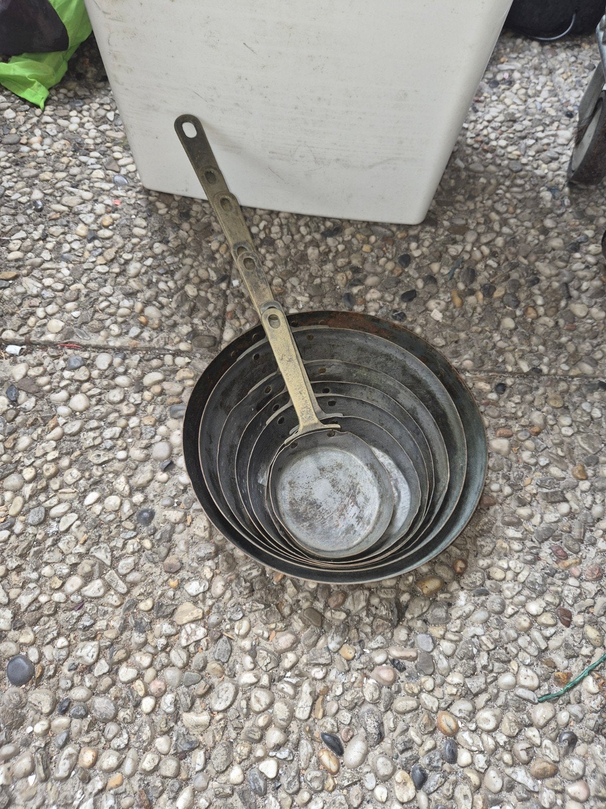 Set van 7 vintage koperen koekenpannen met lange steel, Ophalen of Verzenden