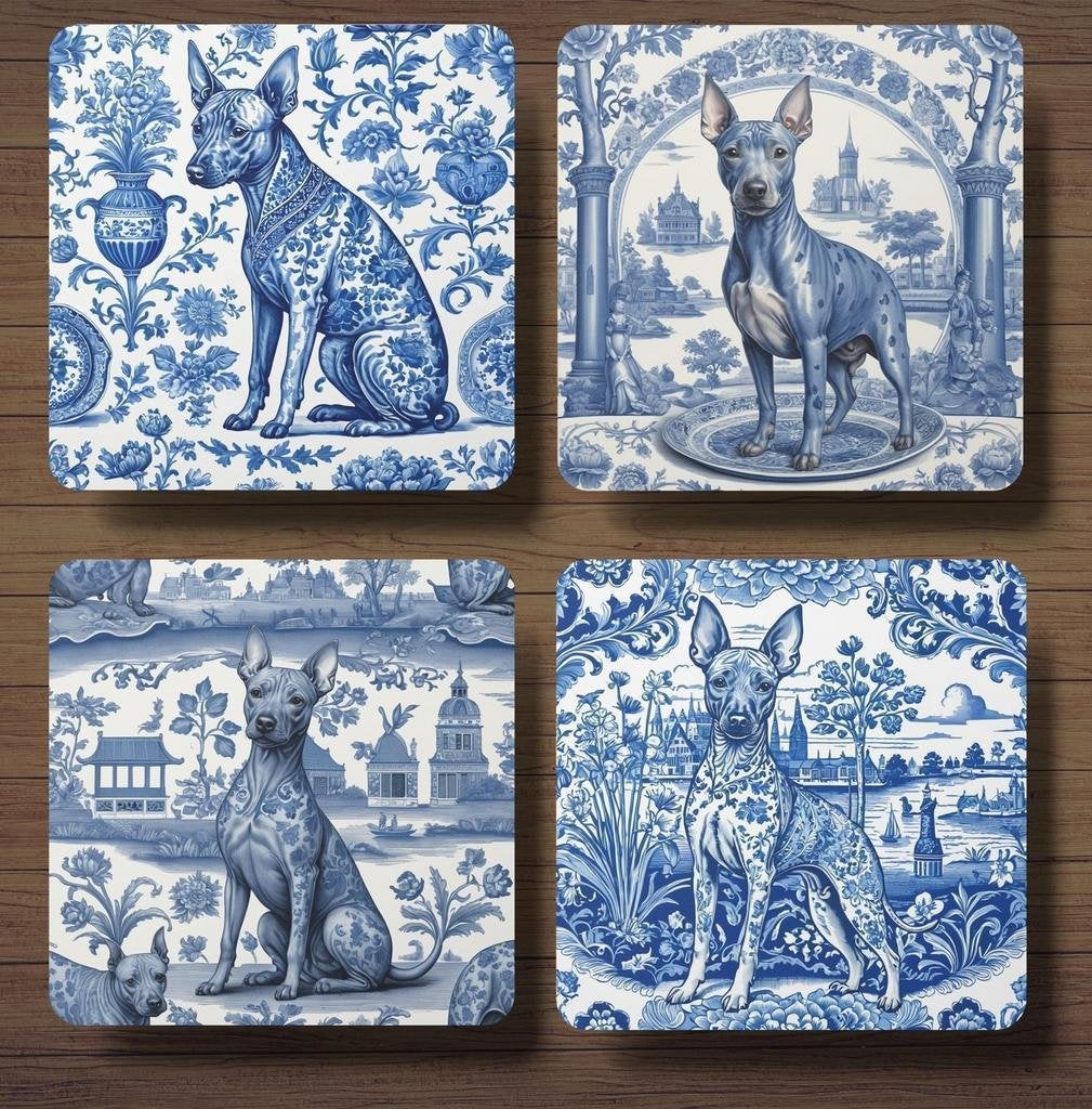 American Hairless Terriër Delfts Blauw onderzetters + houder, Ophalen of Verzenden, Nieuw, Glas of Kopje