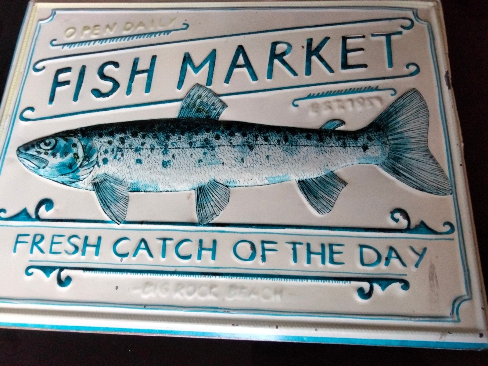 Vintage 'Fish Market' metalen wanddecoratie, Ophalen of Verzenden
