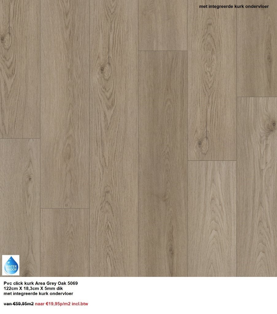 Pvc click Grey Oak met integreerde kurk ondervloer €19,95m2, 75 m² of meer, Nieuw, Pvc click kurk grey oak, Ophalen of Verzenden