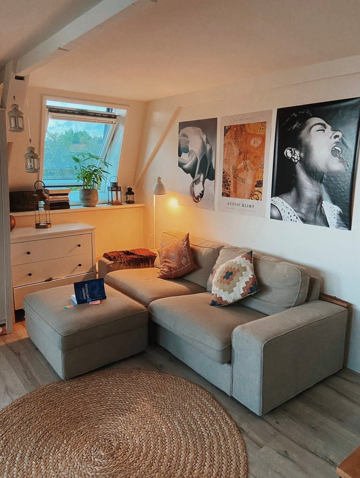 Beige couch with storage footrest