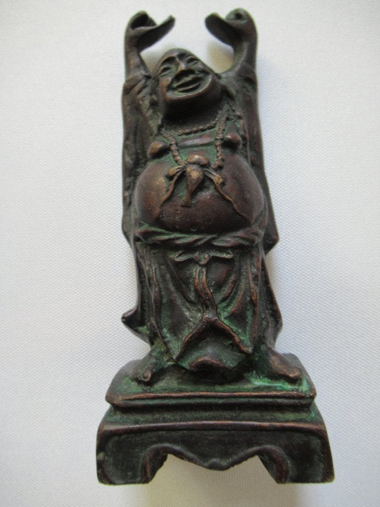 BRONZEN BOEDDHA Beeld hoog 14 cm Vrolijk oud € 75, Ophalen of Verzenden, Brons