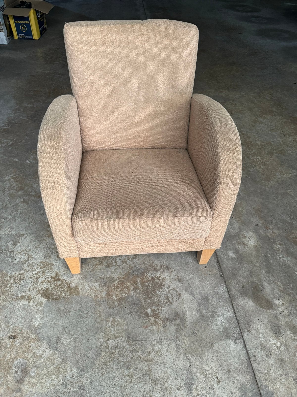 Beige stoffen fauteuil - gebruikt, Huis en Inrichting, Fauteuils, Ophalen, Gebruikt, 75 tot 100 cm, Stof