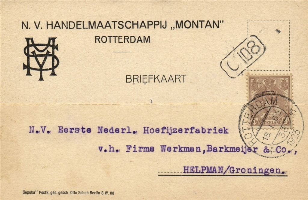 NV Handelmaatschappij MONTAN, Rotterdam - 01.1923 - briefkaa, Ophalen of Verzenden, Briefkaart