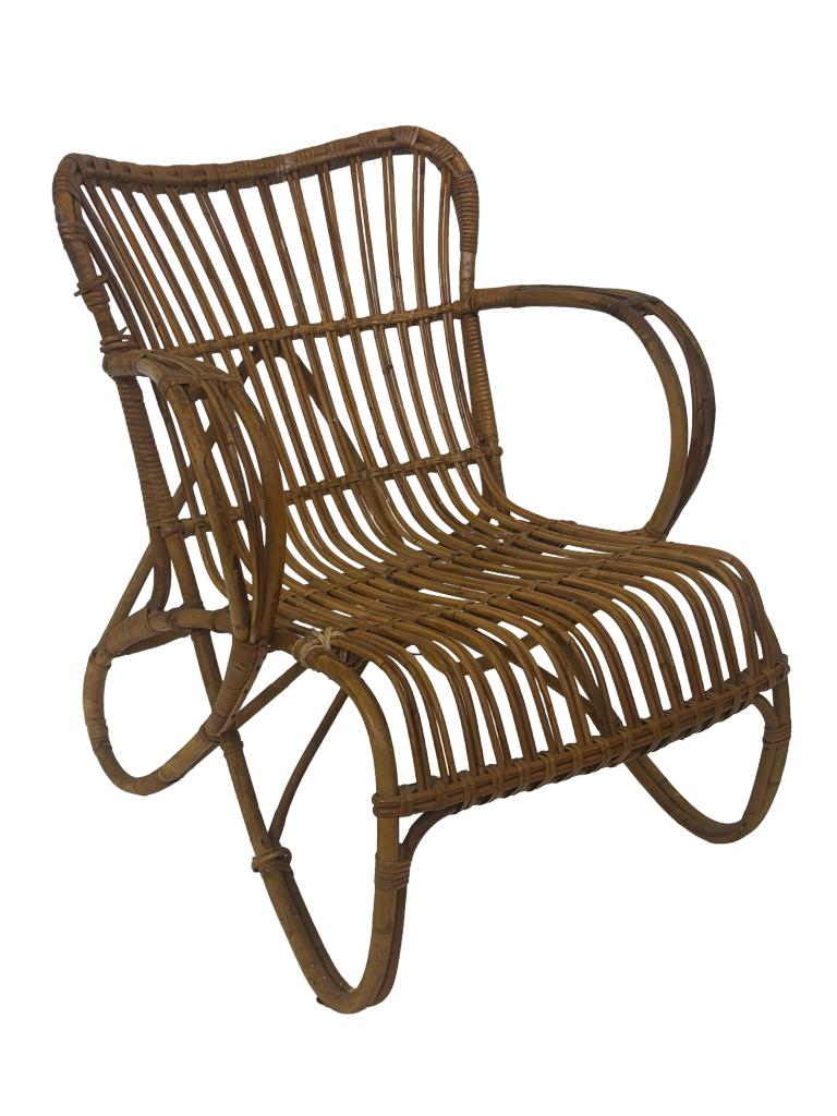Vintage Rotan Belse 8 Fauteuil, Lage Rug design, Huis en Inrichting, Fauteuils, Gebruikt, Vintage, 50 tot 75 cm, Vintage