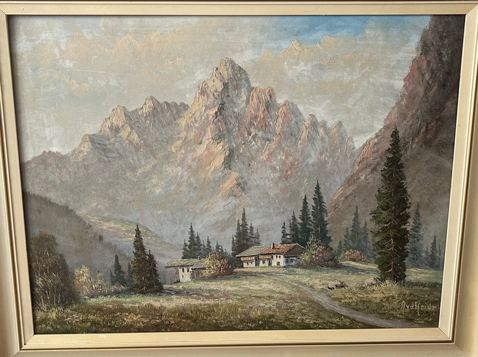 Schilderij berglandschap met huizen, gesigneerd, Ophalen, Doek, Realistisch, Gesigneerd
