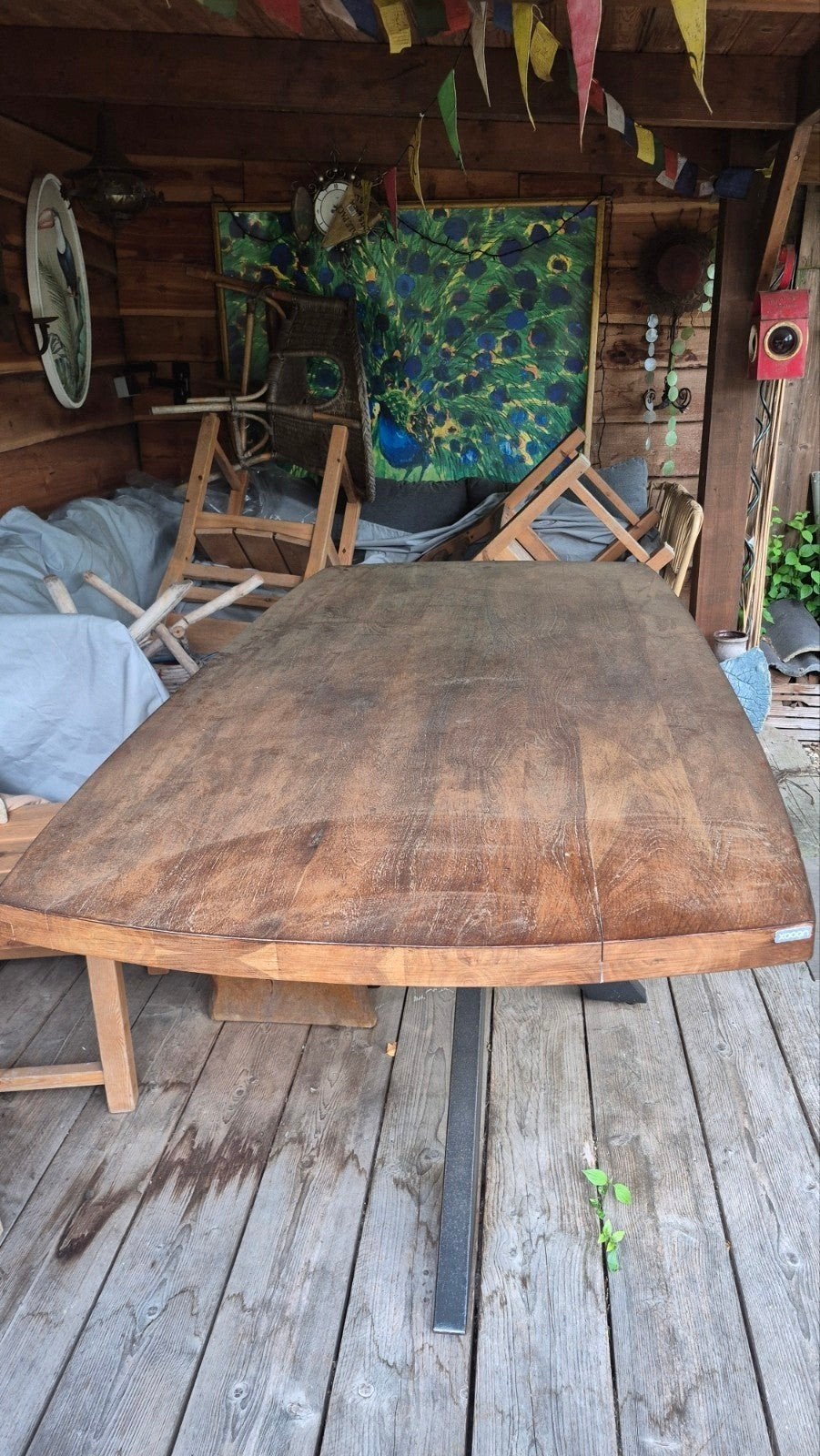 Grote houten eettafel met metalen spinnepoot, Ophalen of Verzenden, Rechthoekig