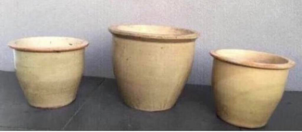 Grote Oud Hollandse geglazuurde beige terracotta bloempotten, 25 tot 40 cm, Rond, Ophalen of Verzenden, Zo goed als nieuw