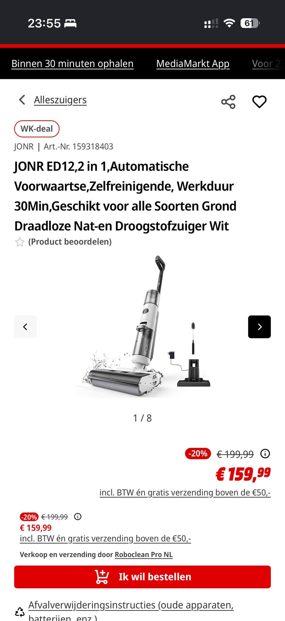 JONR Nat- en Droogstofzuiger met cleaning tablets, Witgoed en Apparatuur, Overige merken, Draadloos, Zo goed als nieuw, Reservoir