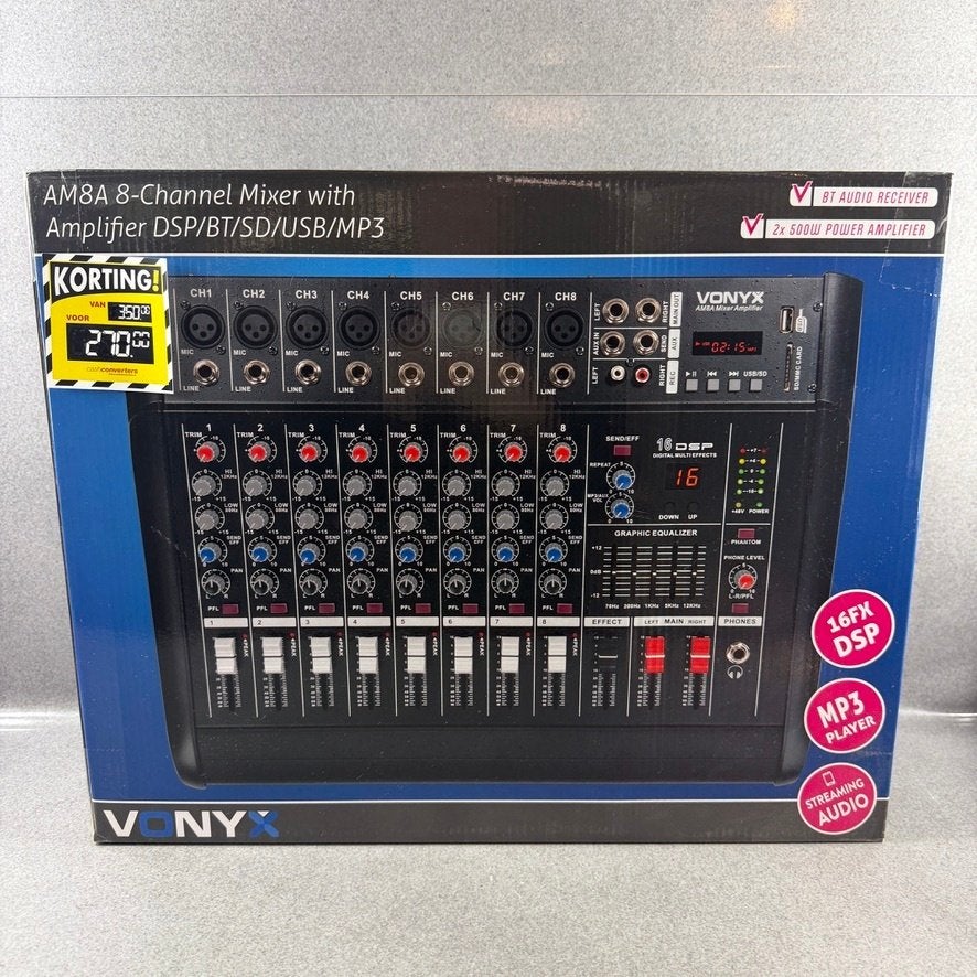 8 Kanaals Mixer met versteker | 2x300watt | nieuw | 372270