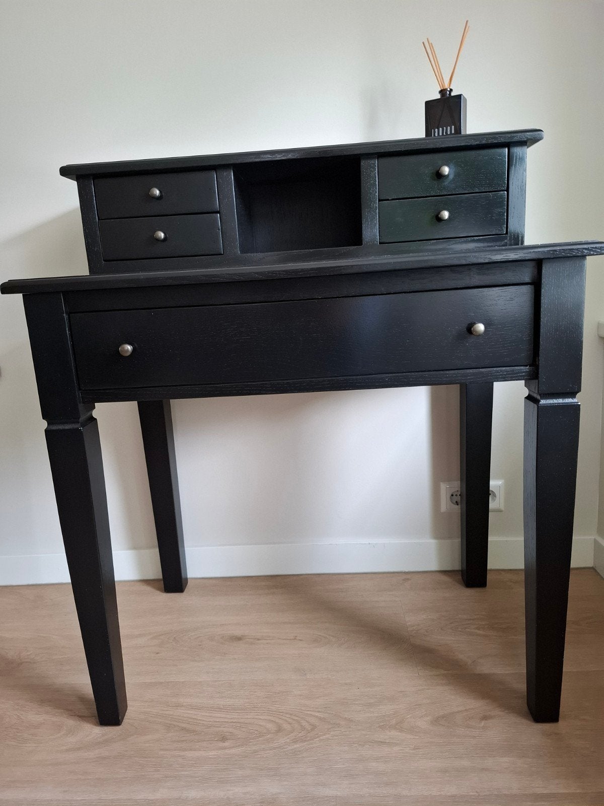 Zwart secretaire bureau met opzetstuk en lades, Zwart, Gebruikt, Hout, Secretaire