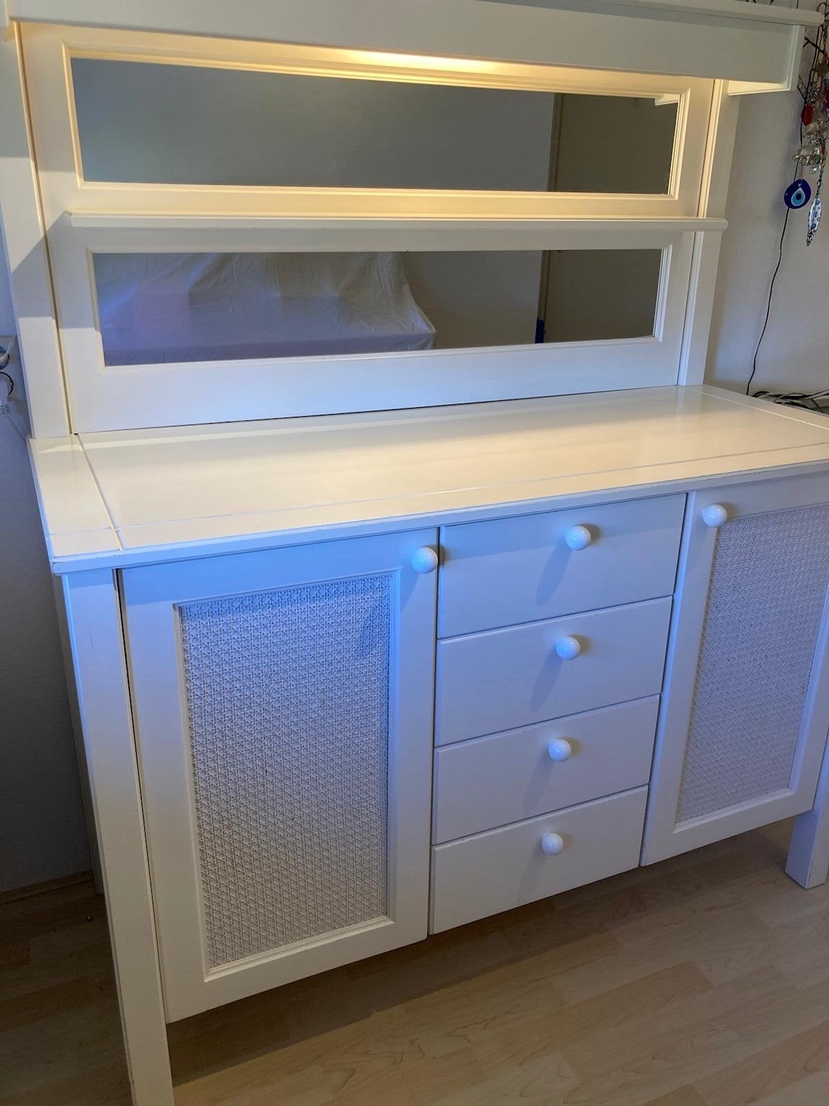 Wit dressoir met spiegels, lades, kastjes en verlichting, Ophalen, Gebruikt, 100 tot 150 cm, Met lade(s)