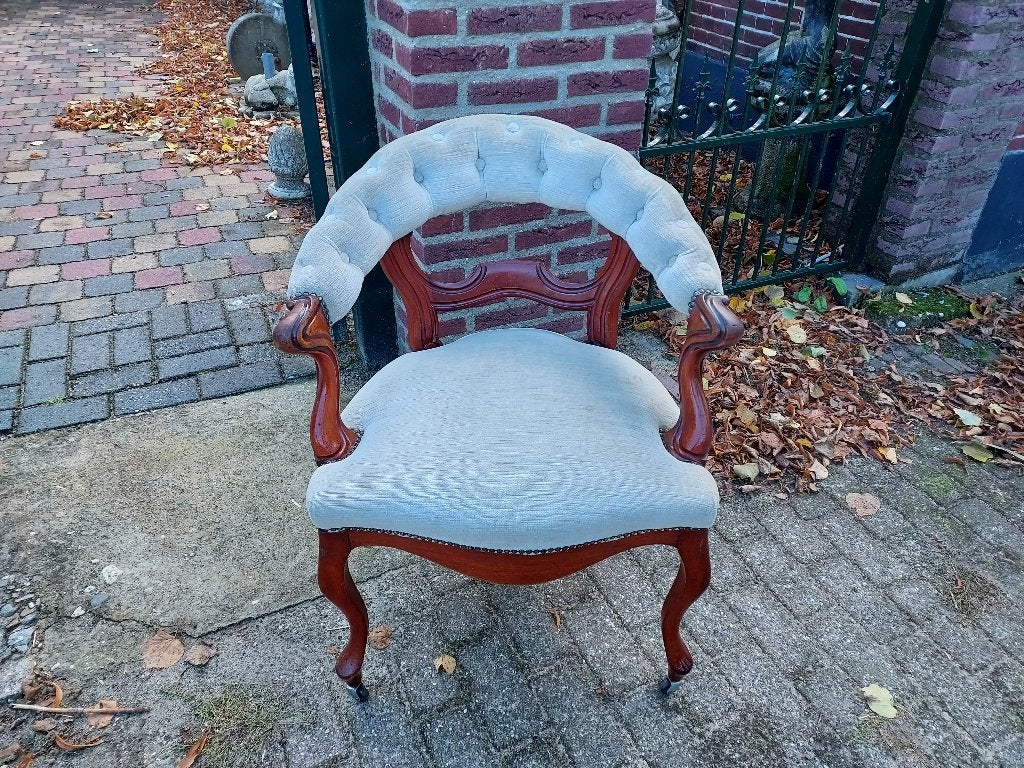 Biedermeier mahonie gebogen stoel, blauw-grijze velours., Ophalen
