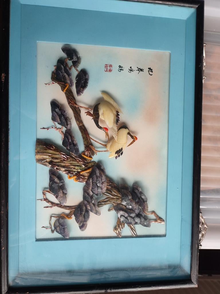 Vintage Chinees schelpen schilderij groot, Minder dan 50 cm, Gebruikt, Ophalen of Verzenden, Schilderij