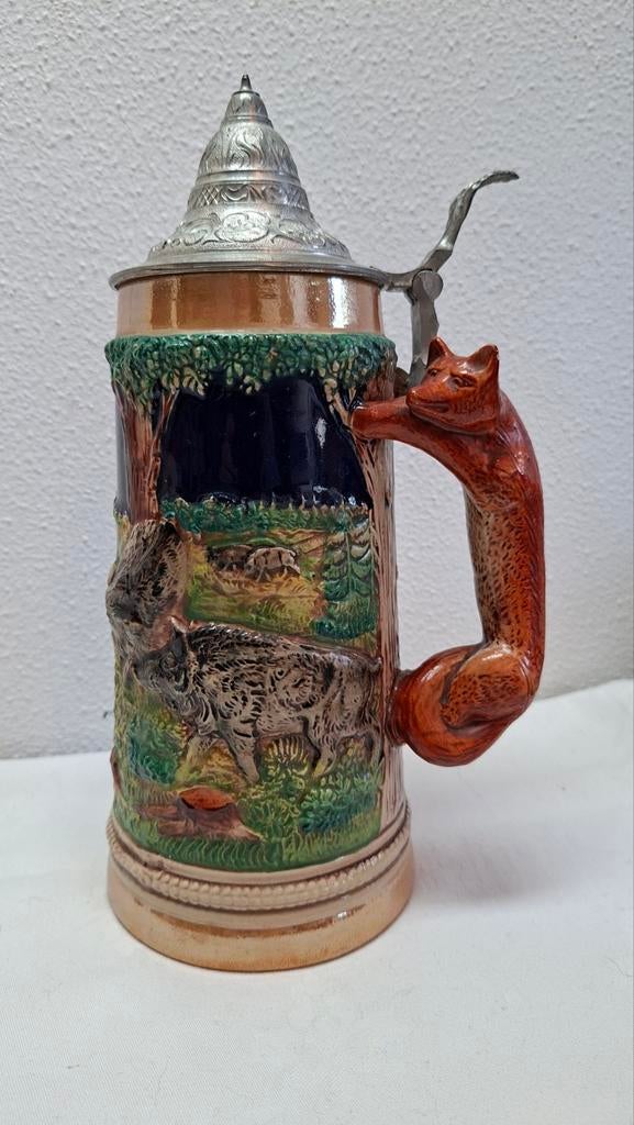 Vintage Bierpul met Vos Handvat en Jachtscène, Antiek en Kunst, Curiosa en Brocante, Ophalen of Verzenden