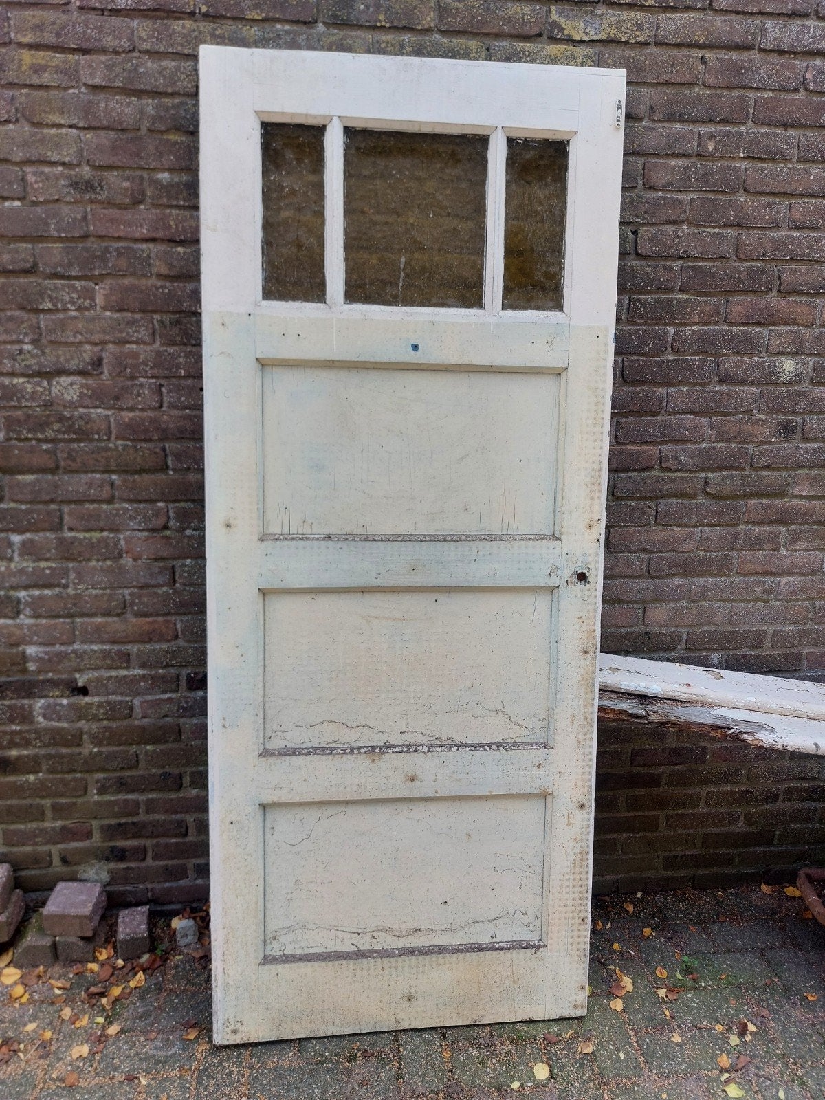 Paneeldeur met glas - 201 x 82,5 cm 4 vaks 3 ruitjes, Ophalen, Gebruikt, 80 tot 100 cm, Binnendeur
