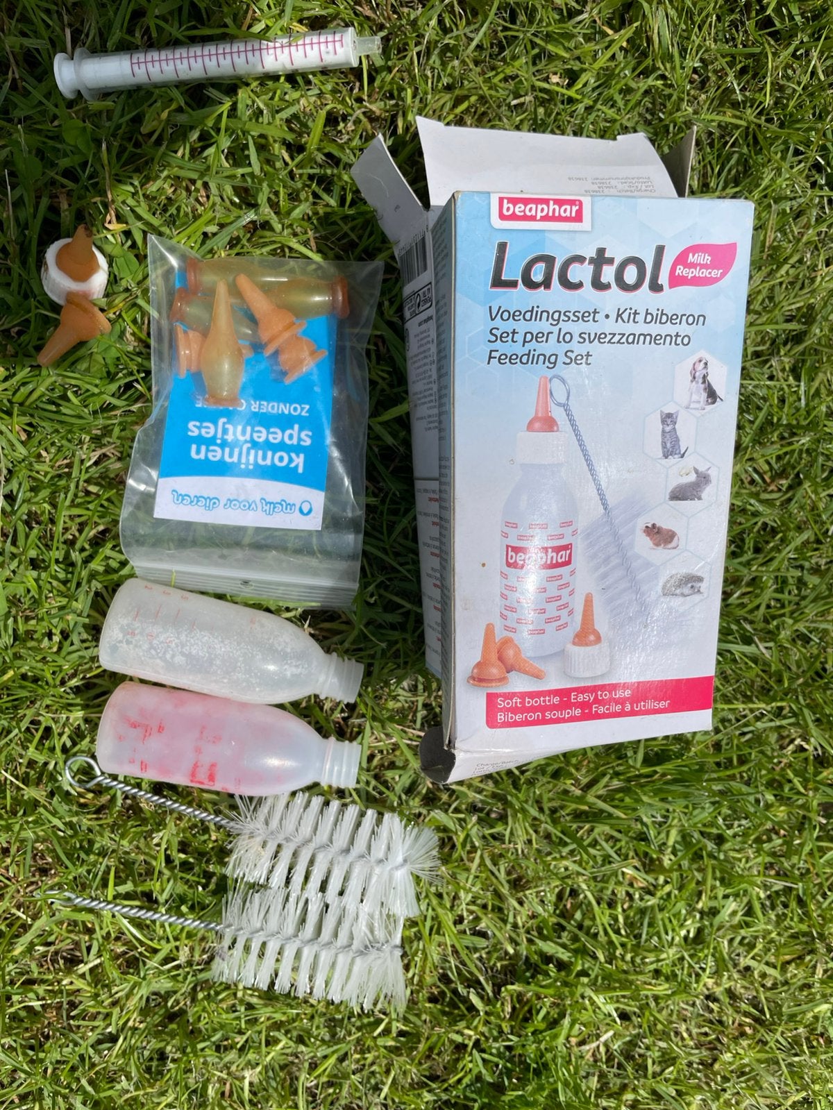 Voedingsset konijn cavia of kitten, 2 sets, Ophalen of Verzenden, Zo goed als nieuw, Transportkoffer of -box
