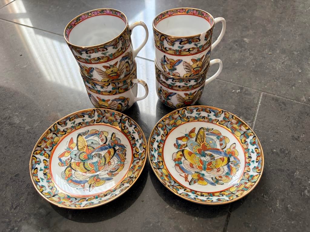 Chinese porseleinen kopjes met schaaltjes – vlinders & goud, Ophalen of Verzenden