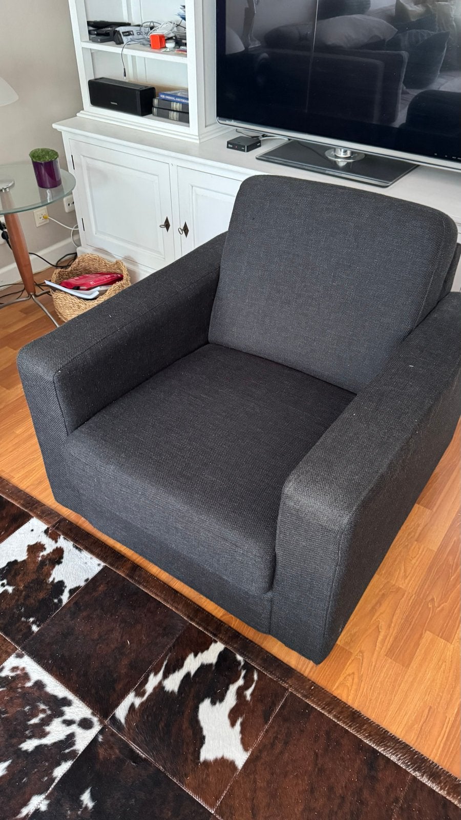 Antracietgrijze stoffen fauteuil met stevige zit - N-JOY, Ophalen, Gebruikt, Stof, 75 tot 100 cm