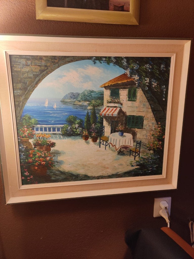 Mediterrane olieverf schilderij–terras aan zee–71x61 cm, Ophalen