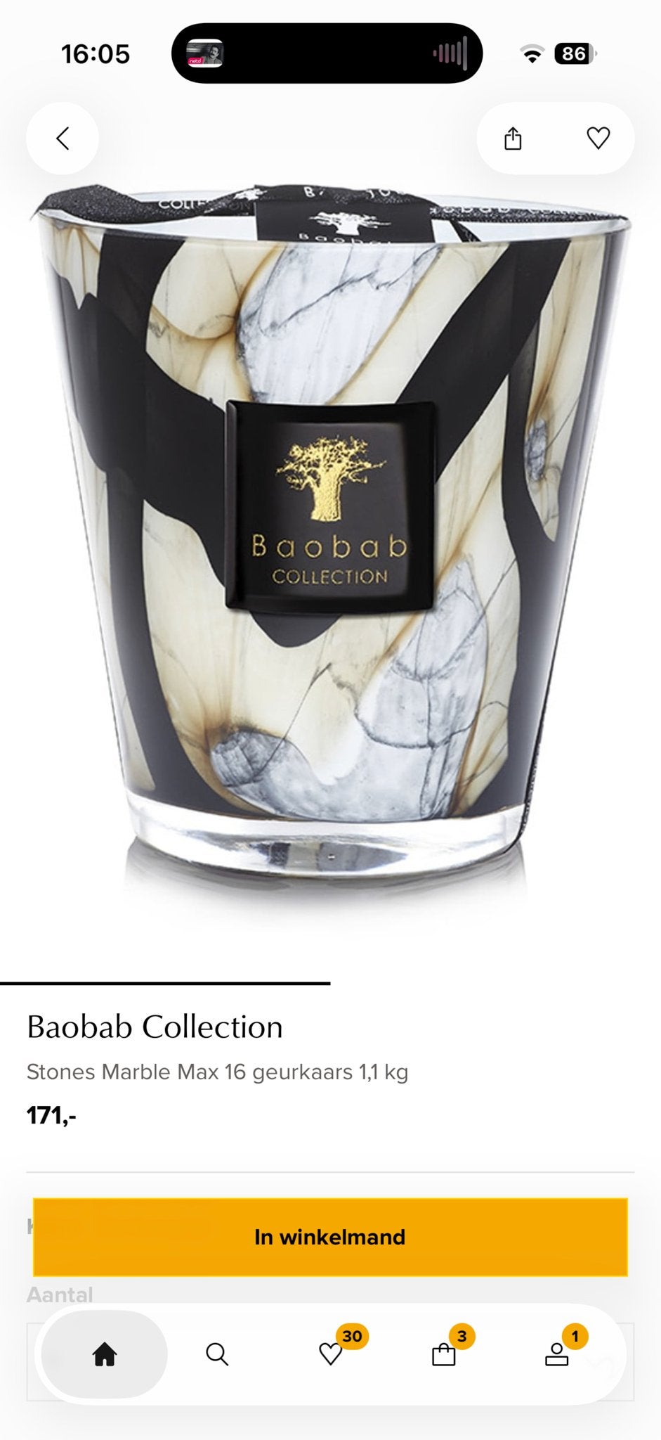 Baobab Collection Stones Marble Max 16 Geurkaars 1,1 kg, Nieuw, Ophalen of Verzenden, Glas, Kaars