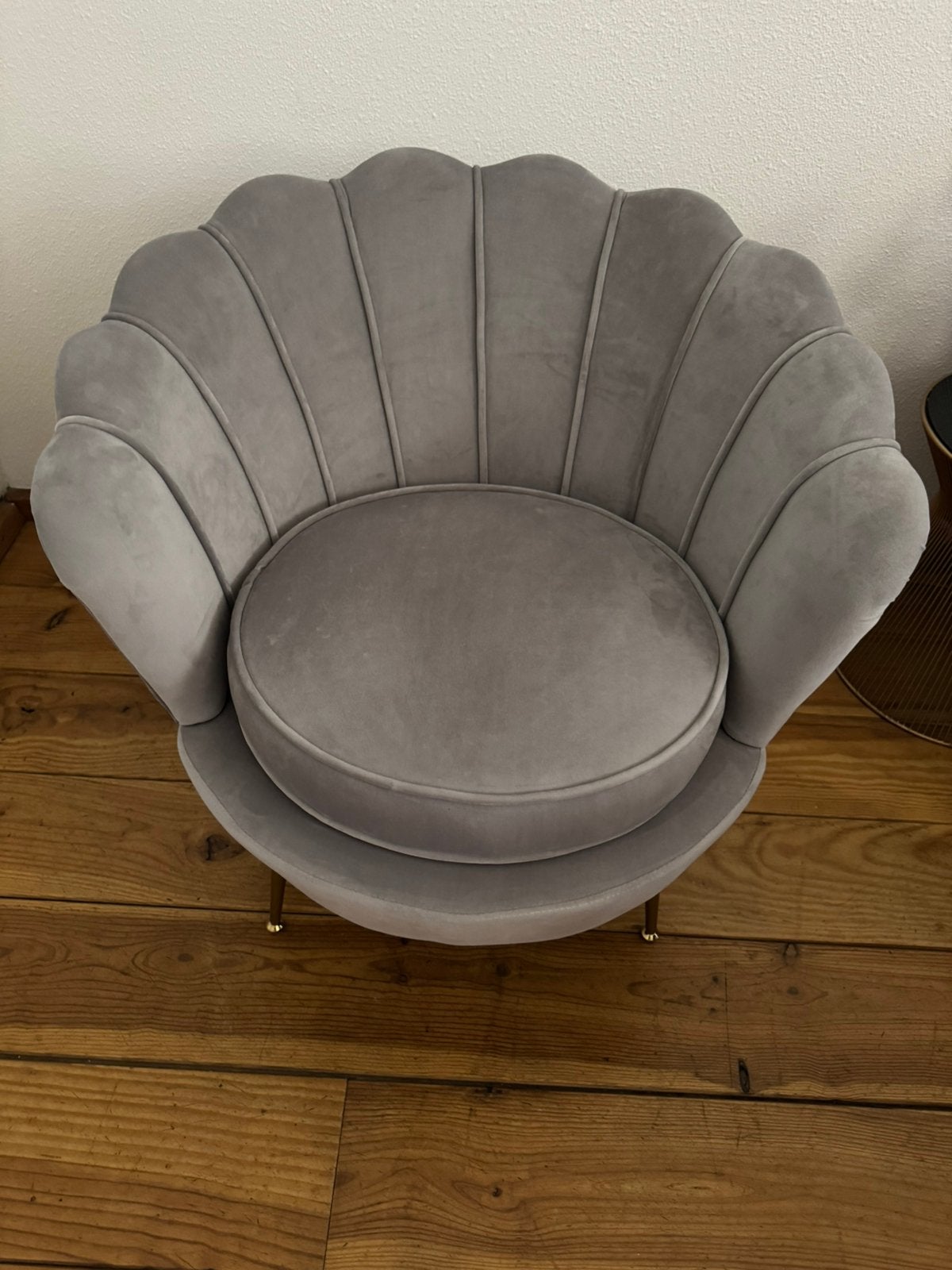 Schelp Fauteuil - Grijs Velours, Huis en Inrichting, Fauteuils, Ophalen, Minder dan 75 cm, Zo goed als nieuw, 75 tot 100 cm