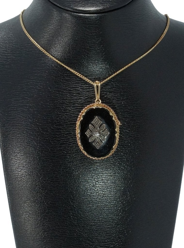 Diamant onyx medaillon 14k goud ketting hanger fraai antiek, Verzenden, Goud, Hanger, Met edelsteen