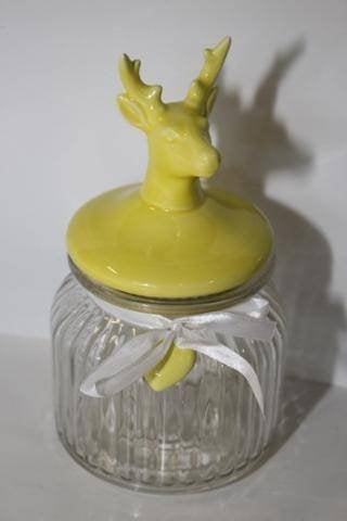 Voorraadpot met hert op deksel, Huis en Inrichting, Glas, Geel, Nieuw, Ophalen of Verzenden