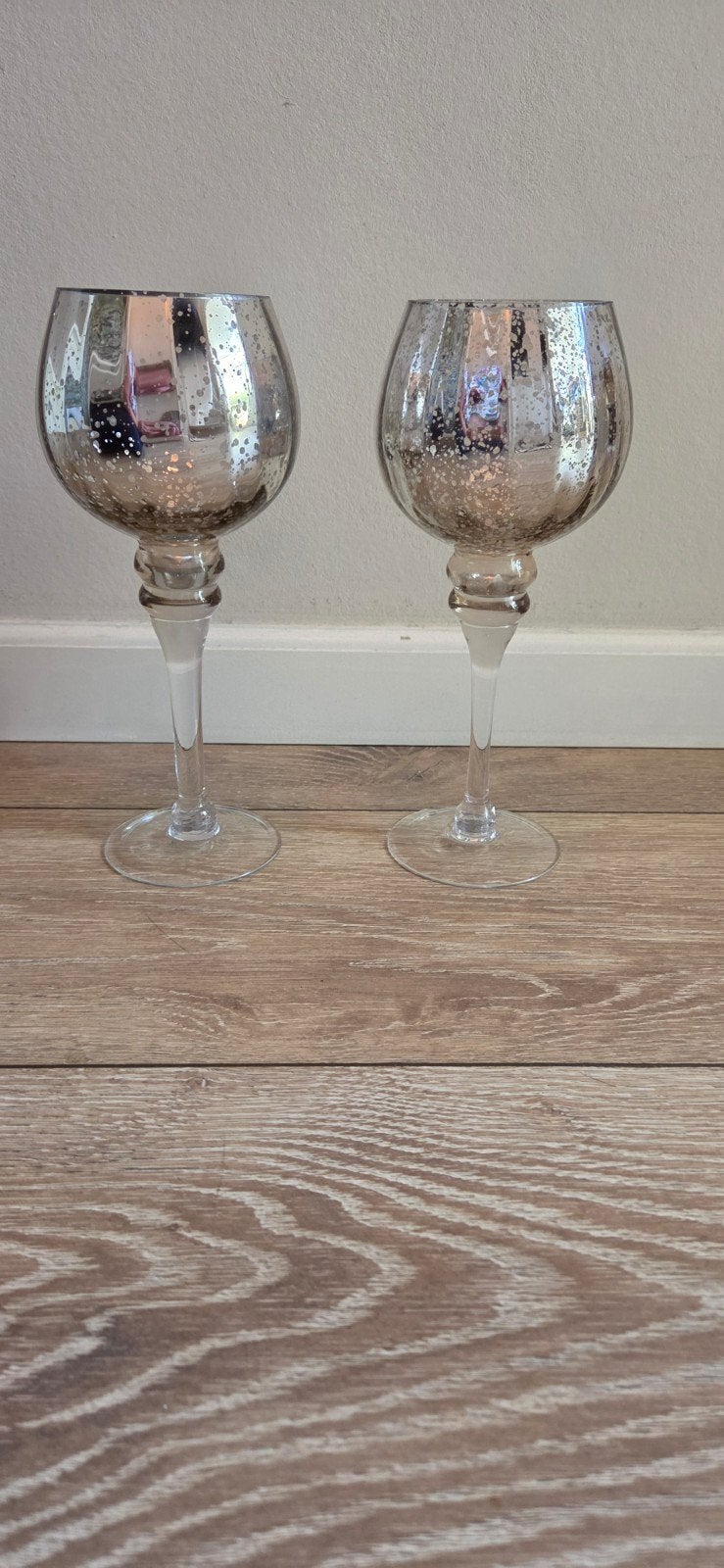 2x Luxe glazen design waxinelichthouders, Overige merken, Waxinelichthouder, Ophalen of Verzenden, Zilver