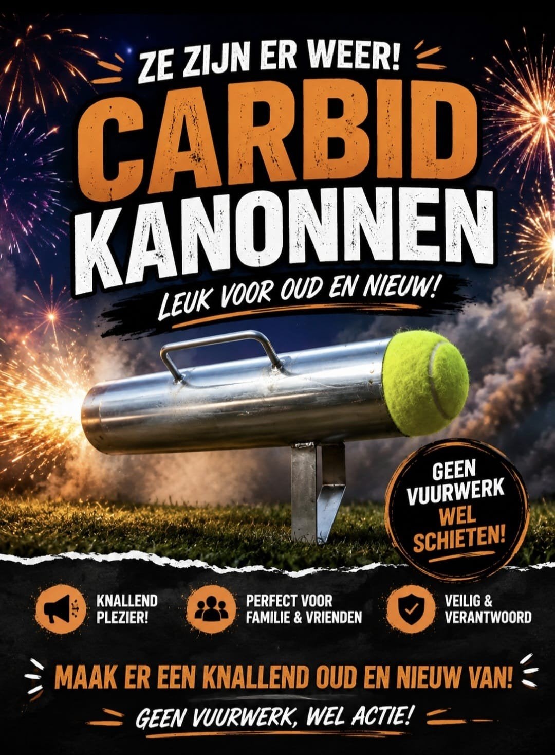 Carbid schieter RVS 30cm tennisbal, melkbus., Ophalen of Verzenden, Nieuw