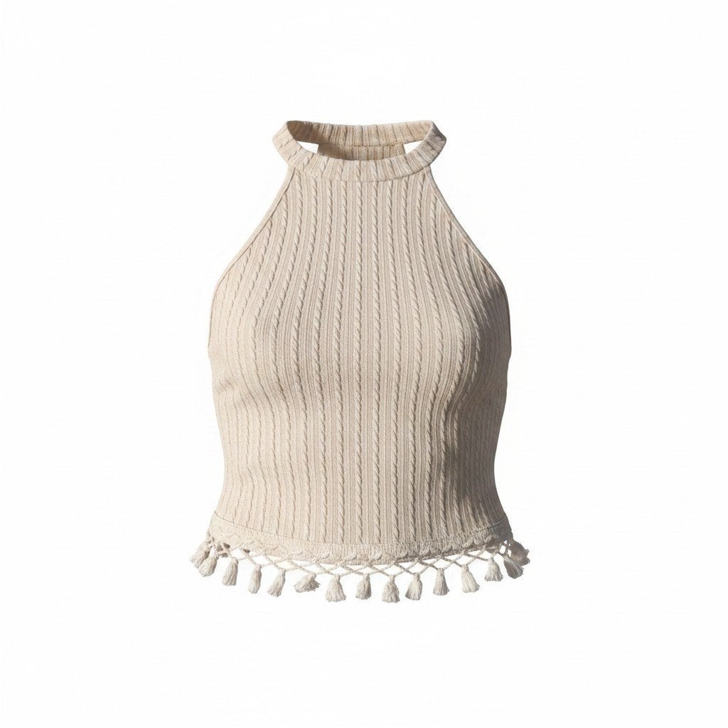 Crèmekleurige haltertop met kwastjes  / boho top, Maat 38/40 (M), Overige typen, Wit, Ophalen of Verzenden