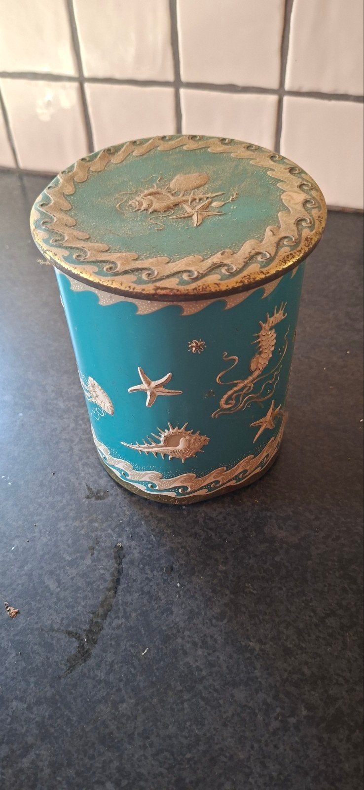 Vintage blikken bus met zeedieren decoratie, Ophalen