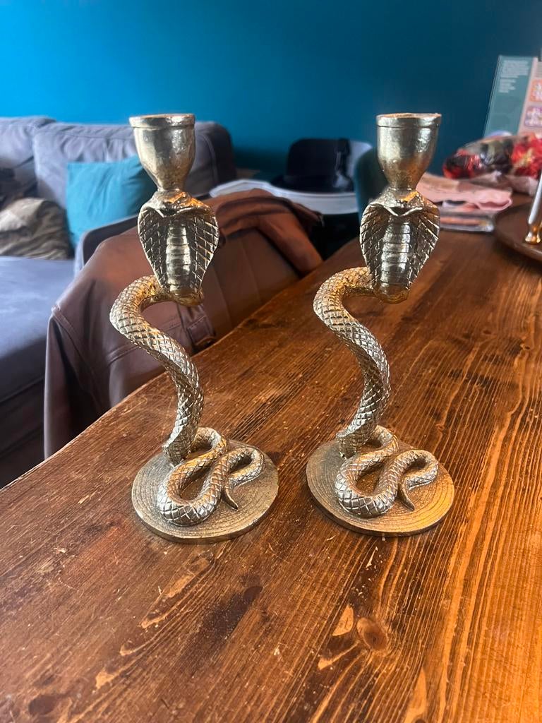2 slangen kandelaars goud, Ophalen of Verzenden