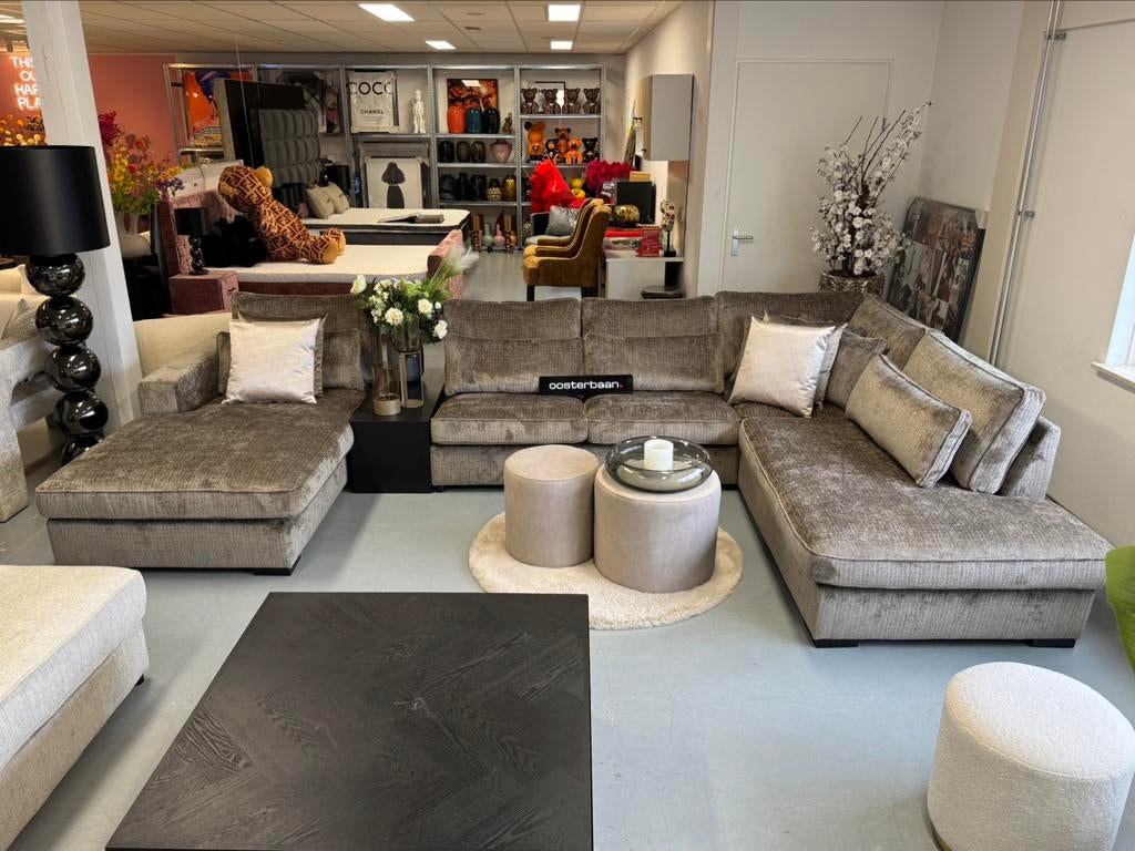 Luxe Velvet Teddy U-Bank Costa 195x370x250cm NIEUW Stone NEW, Huis en Inrichting, Banken | Bankstellen, Oosterbaan, Info@oosterbaanwonen.nl