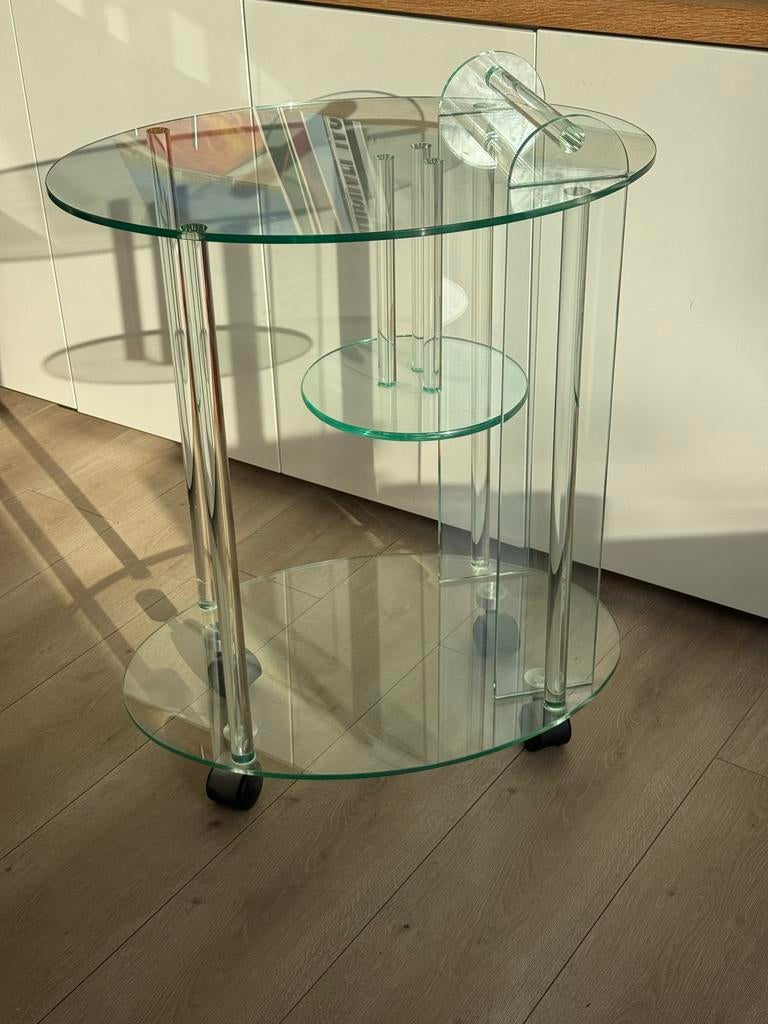 Vintage Italiaanse Glazen Bar Kar, Minder dan 55 cm, Modern, Italiaans design, Ovaal, Ophalen