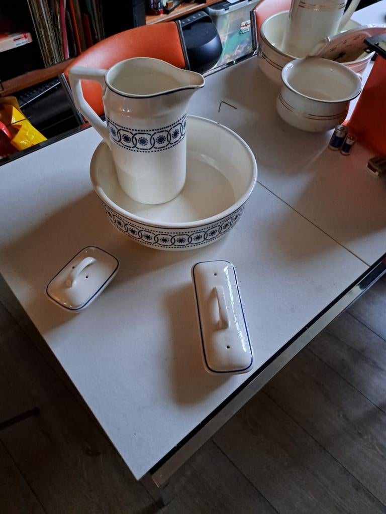 Vintage Lampetset Keramiek Wit Blauw, Ophalen