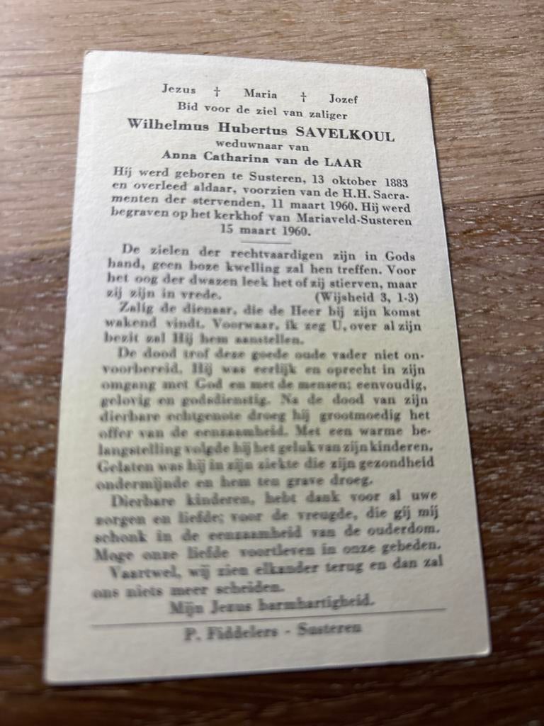 Savelkoul Wilhelmus 1883 Susteren 1960  x vd Laar - 28380, Verzamelen, Bidprentjes en Rouwkaarten, Ophalen of Verzenden, Bidprentje