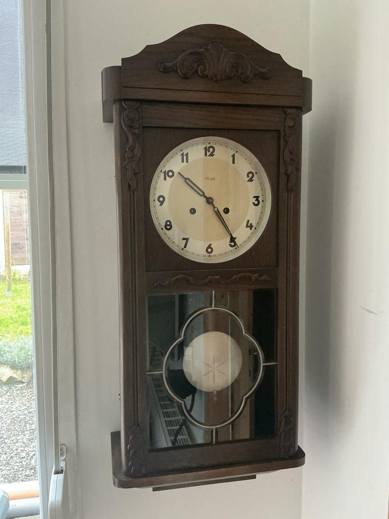 Antieke  regulateur Hangklok - Hout en Glas-bim-bam, Antiek en Kunst, Antiek | Klokken, Ophalen