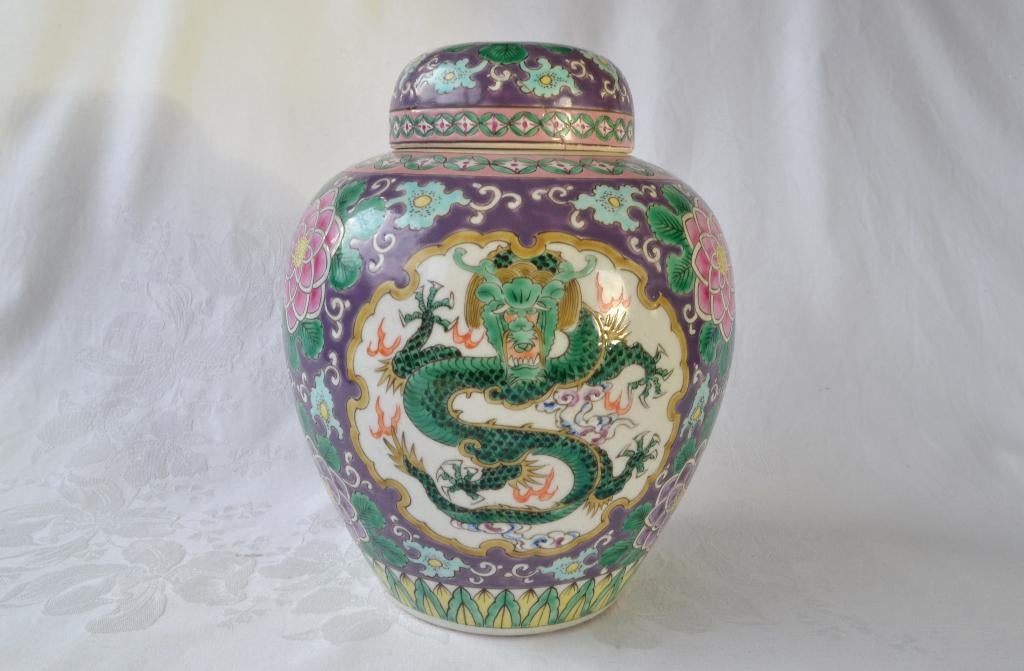 Grote paarse Chinese Gemberpot met draken, porselein – China, Ophalen of Verzenden