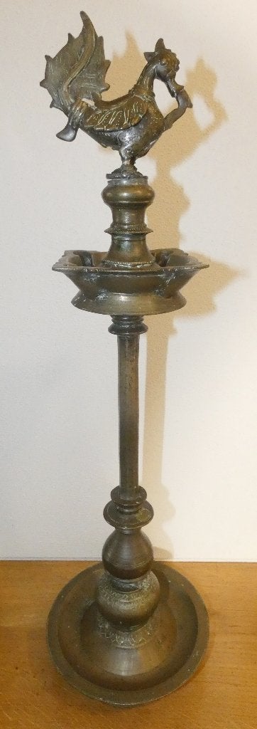 Antieke bronzen olielamp met haan, India [2025], Ophalen of Verzenden