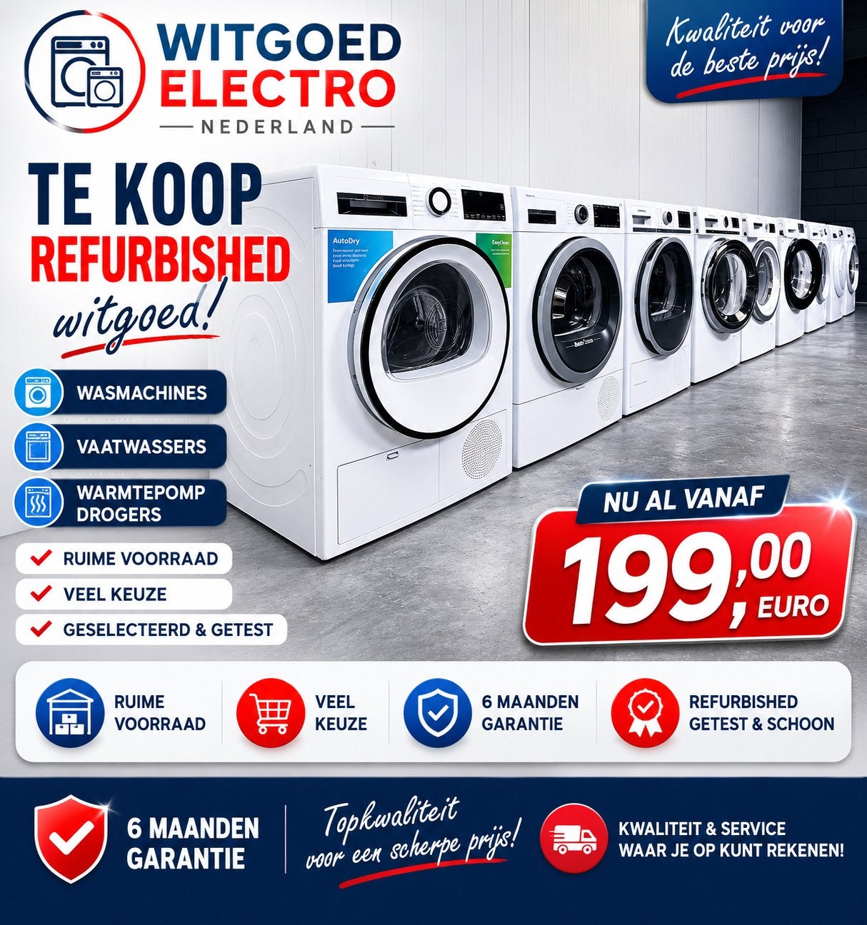 A-MERKEN WASMACHINES | DROGERS | VAATWASSERS MET GARANTIE!, 6 tot 8 kg, Minder dan 85 cm, Ophalen of Verzenden, 1600 toeren of meer